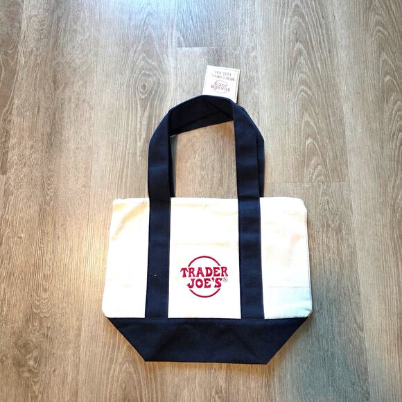 Trader Joe's Canvas Mini Tote Bag White & Navy Blue Limited Edition New - Picture 2 of 2